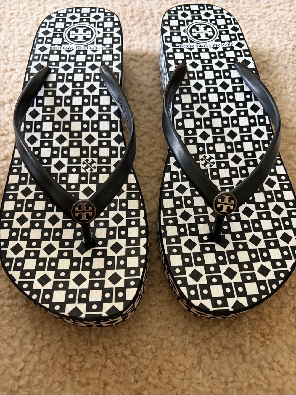 Tory Burch Black & White Geometric Logo Flip Flops